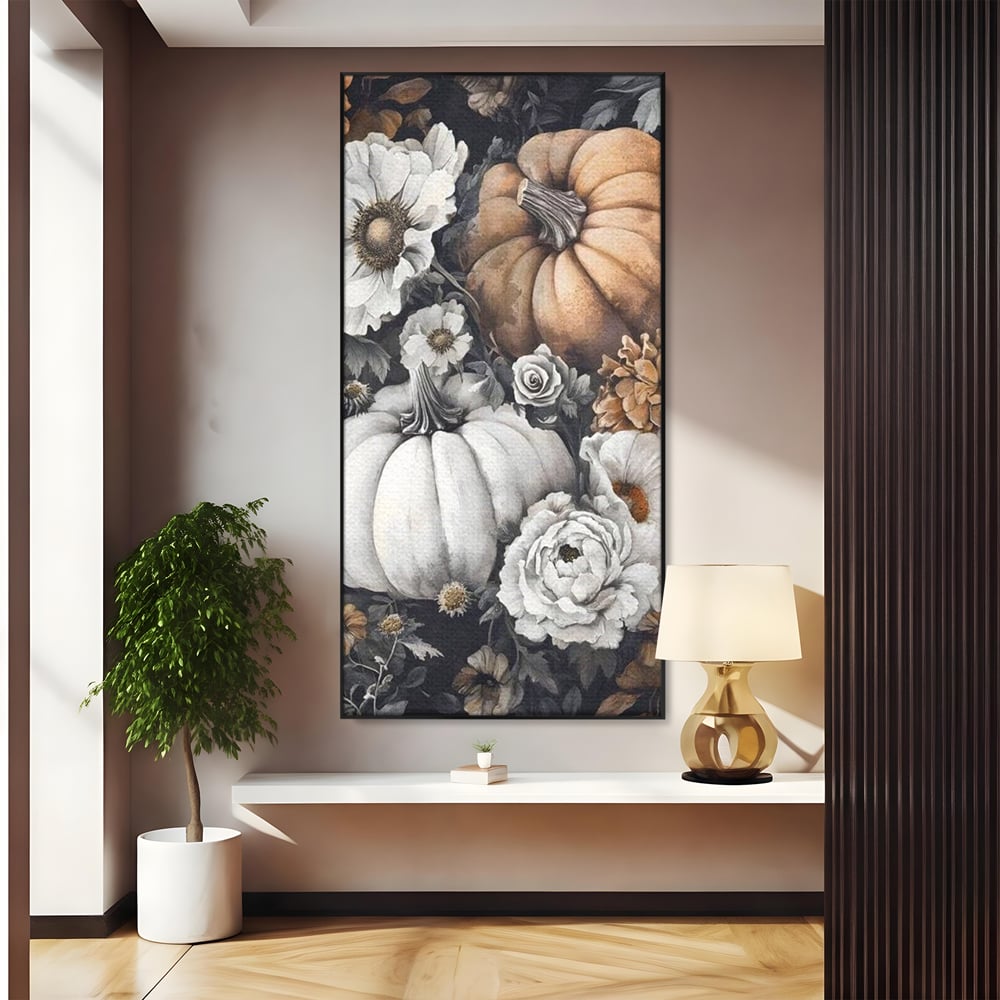 Tablou canvas cu ilustratie cu dovleci si flori de toamna, in rama de aluminiu negru